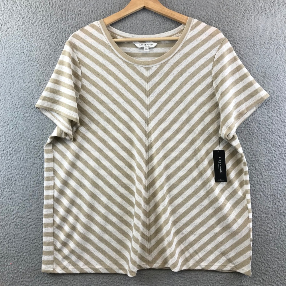 New Liverpool Los Angeles Cream Tan Stripe‎ Short Sleeve Top Plus Size 2X